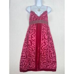 VTG Nicole Miller Rayon/Silk Crushed Velvet Pink Empire Waist Midi Dress sz 10